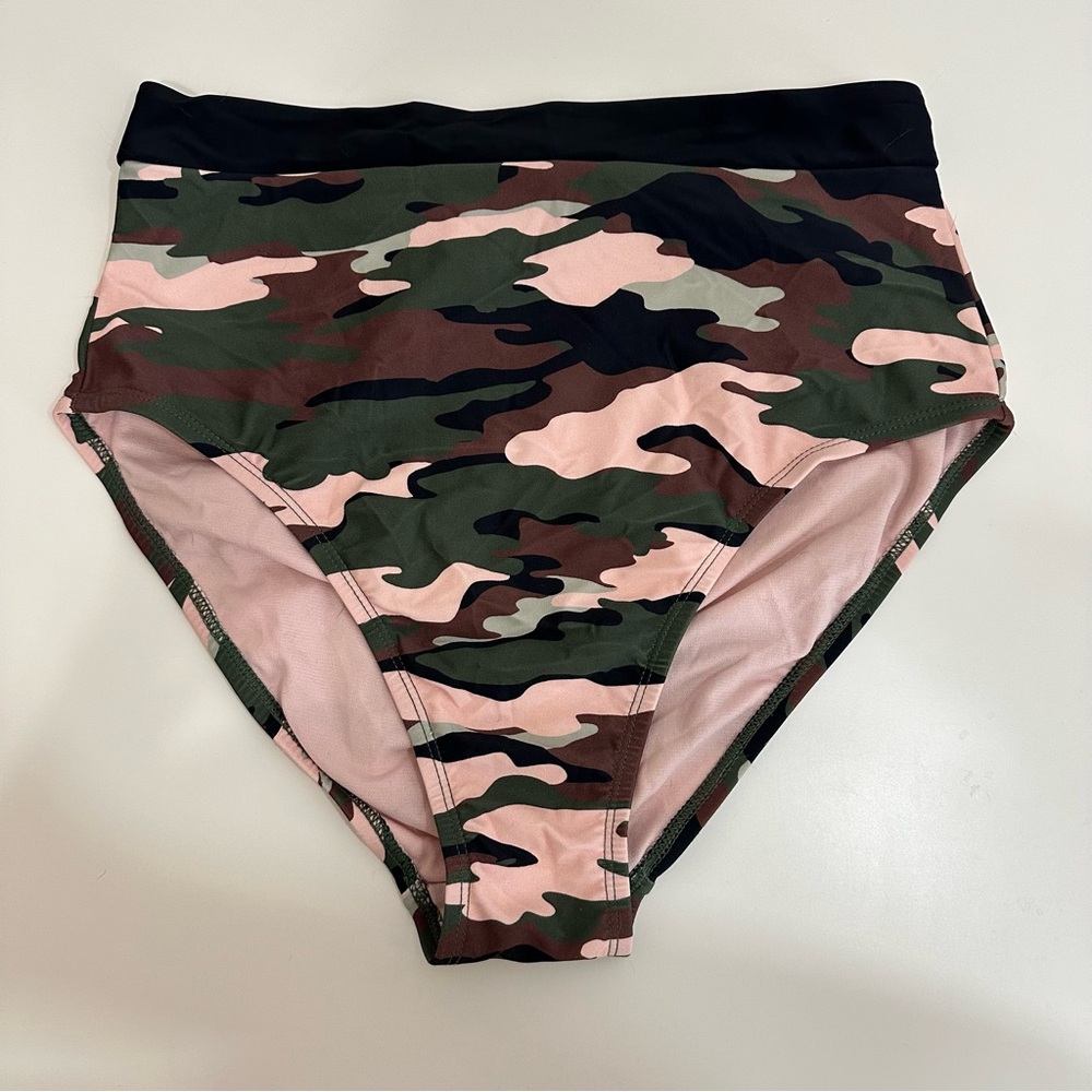 Womens High Rise Camouflage Swimsuit Bottoms with Buckle at Back